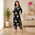 Women's Printed Kurta Pant Set (Black & Beige Floral Print)