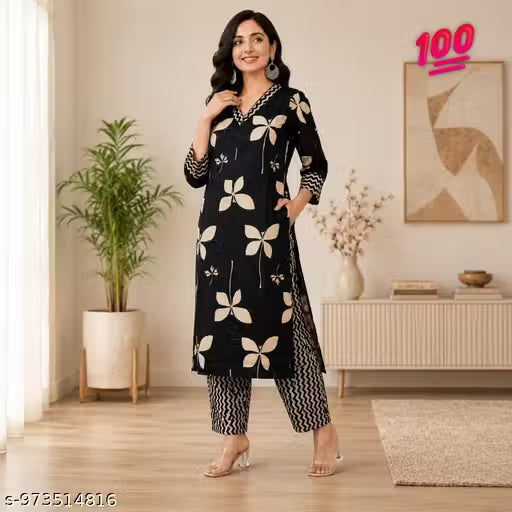 Women's Printed Kurta Pant Set (Black & Beige Floral Print)